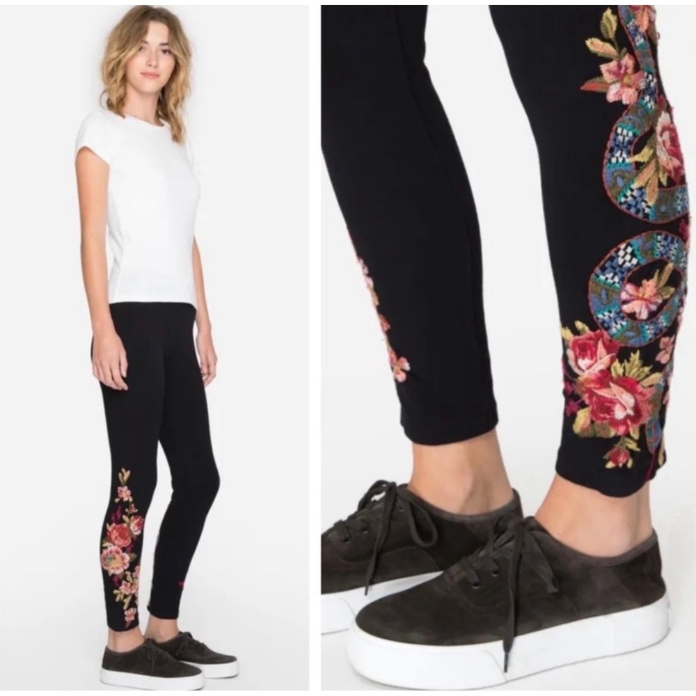 JW Los Angeles Johnny Was Malui Black Floral Snake Embroidered Leggings Size M